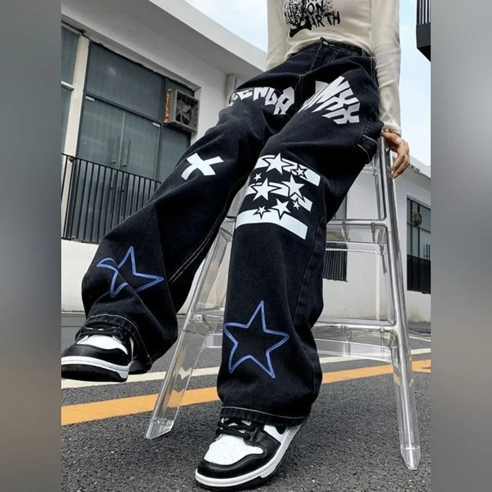 Mauv Studio Black Star Letter Graphic Cargo Jeans Size S
